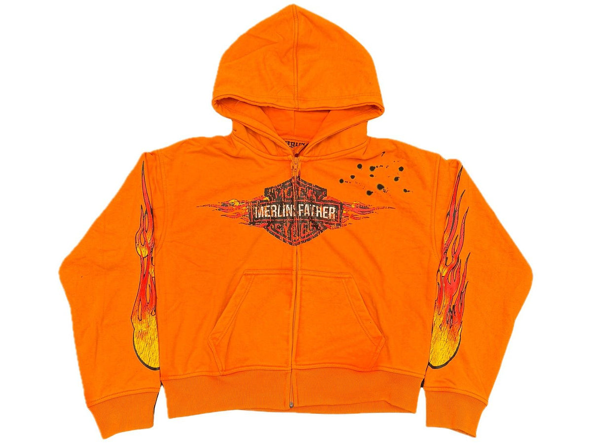Merlins Father Moto On Fire Hoodie Orange Wash