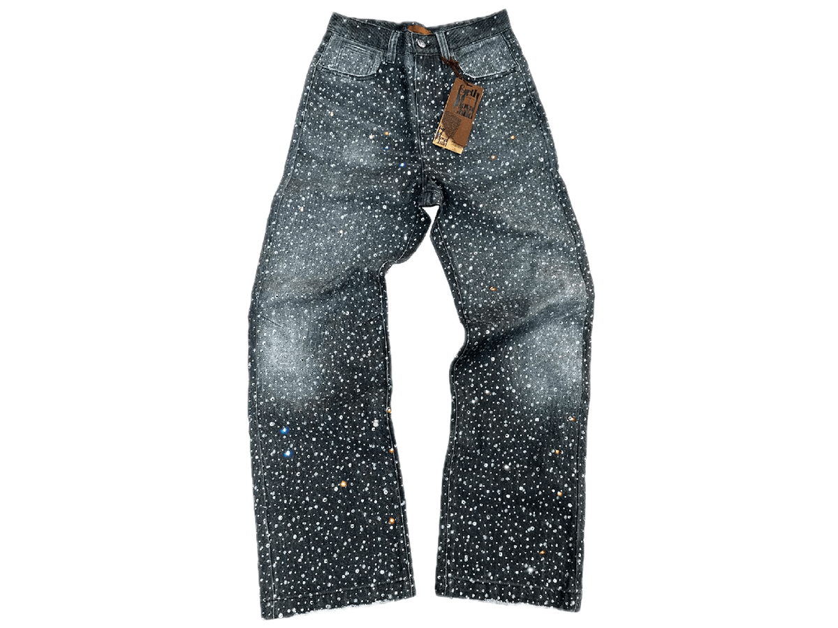 Birth Of Royal Child 3D Washed 20k Swarovski Diamond Boro Denim Black